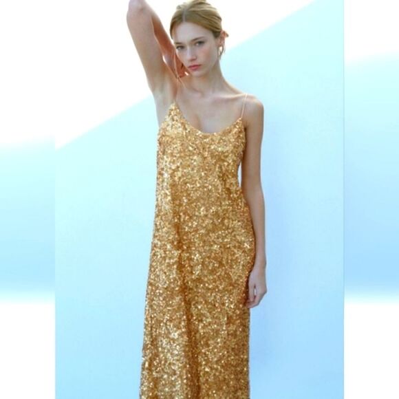 ZARA GOLD SEQUIN KNIT SLIP DRESS bloggers favorite - Picture 11 of 16